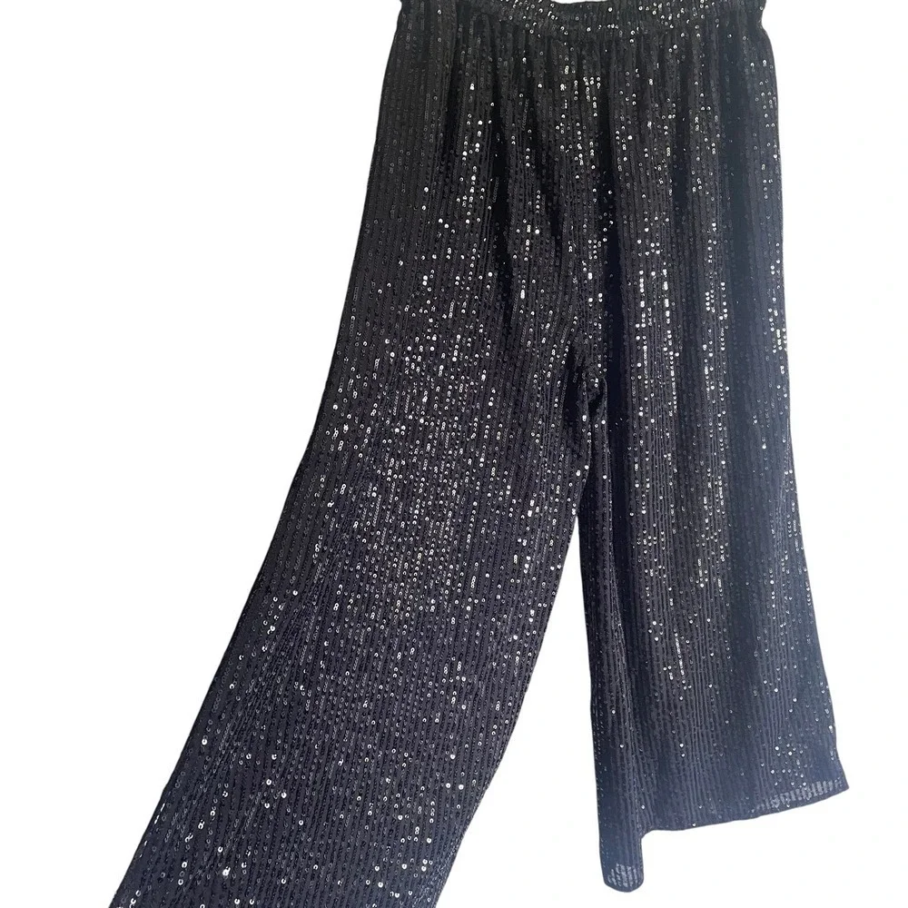 Michael Kors Black Sequin Wide Leg Cropped Pants Women's Size M‎